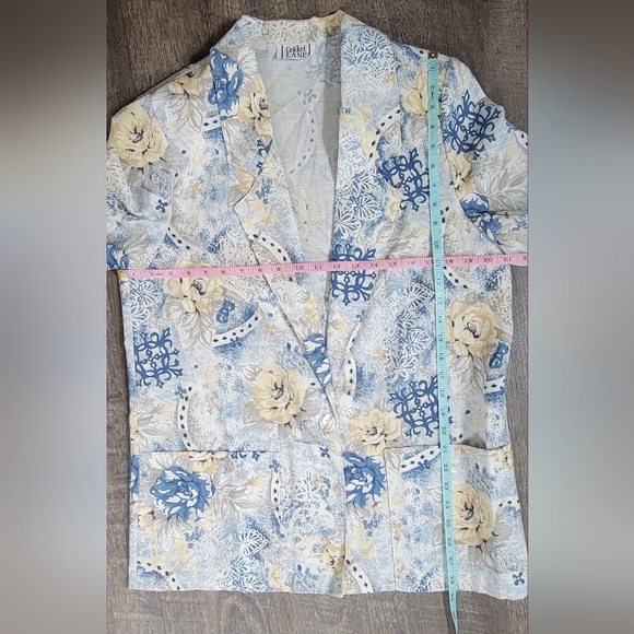 Vintage 80's Oversized Blazer Women's 12 Cream Blue & Yellow Floral Lightweight - Picture 9 of 12